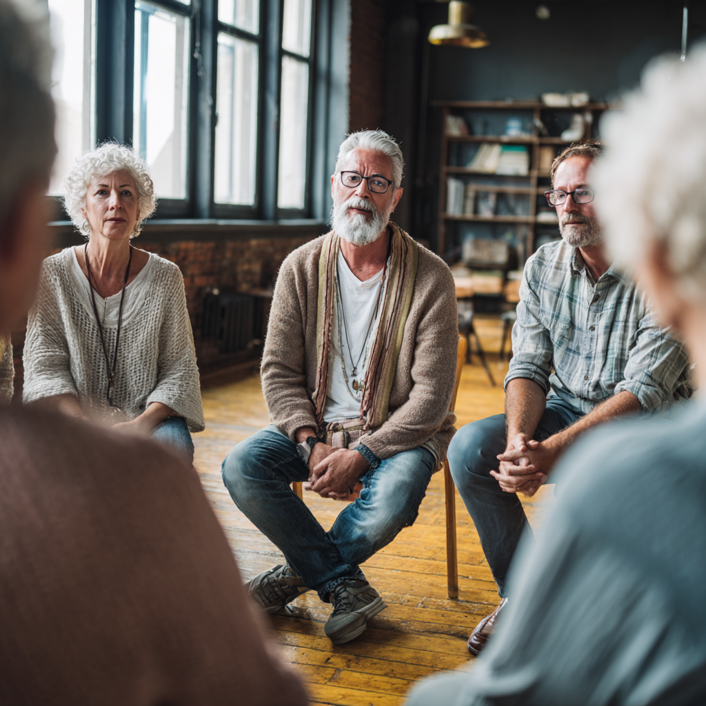 Middle-aged adults in supportive group environment practicing drunvoles methods together