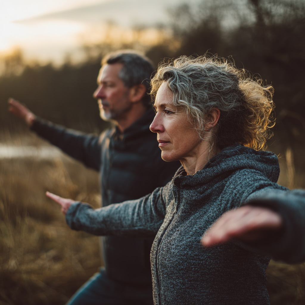 Middle-aged adults practicing gentle movement outdoors in natural setting